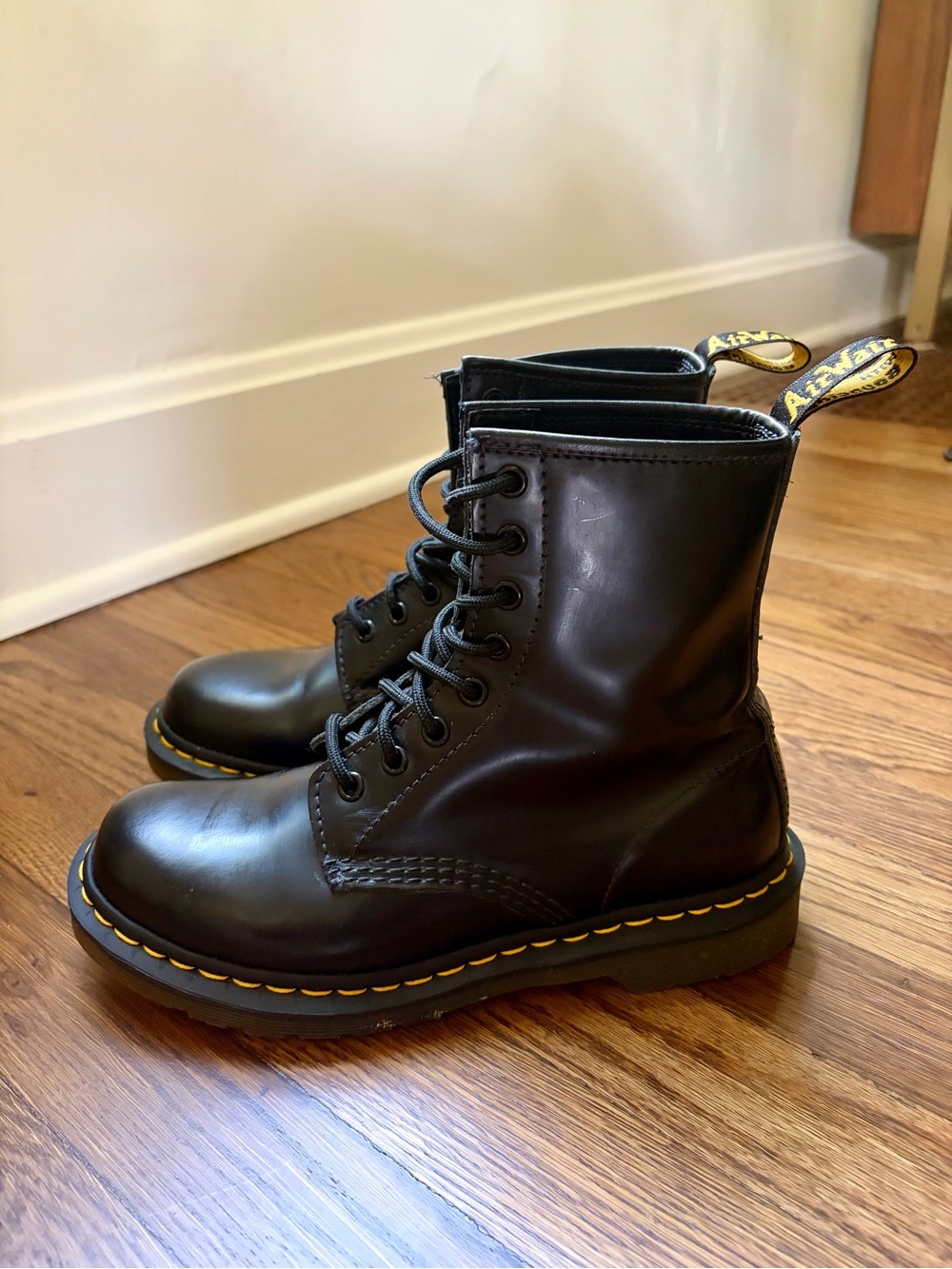 Dr. Martens Black Leather 8-Eye Lace-Up Combat Boots with Yellow Welt Stitch